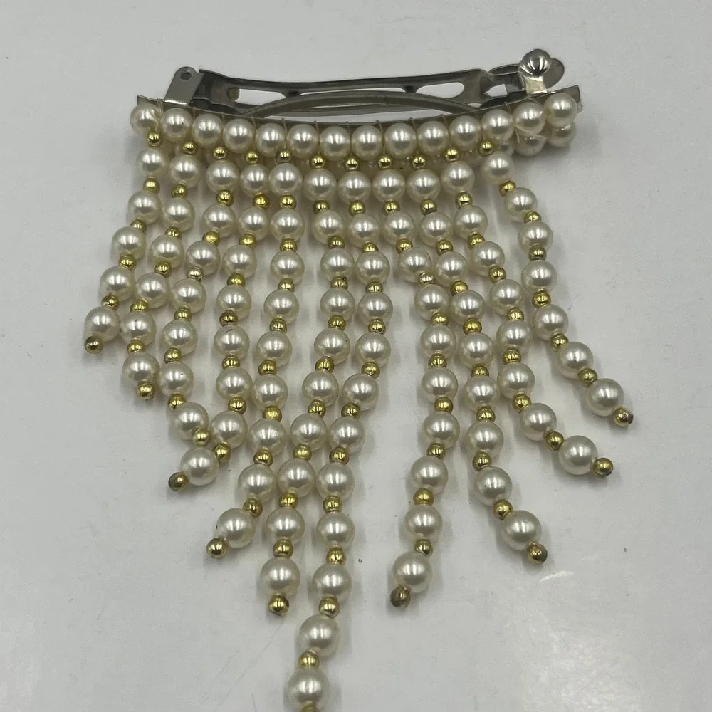 Vintage 2pc Faux Pearl Hair Barrette Set‎ Waterfall Fringe Drape Beaded Wedding - Picture 3 of 11